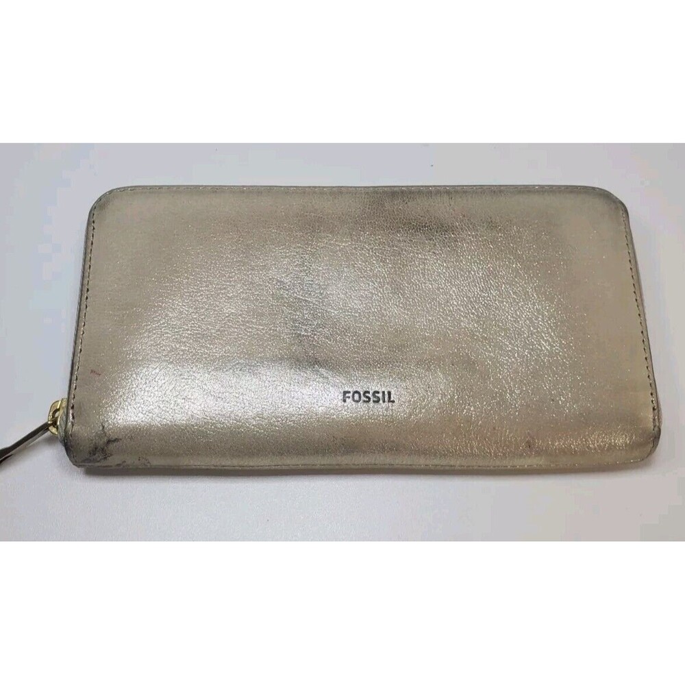 Fossil Silver Sparkle Leather Zip Around Large Wallet Holds 16 Cards *Flaws